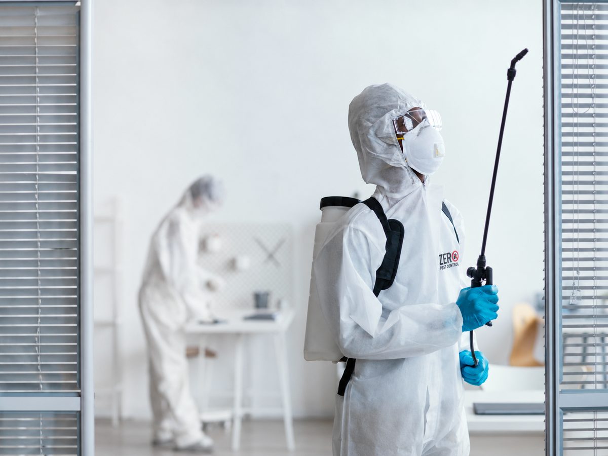Licensed Zero Pest Control technician in protective equipment treating a commercial office