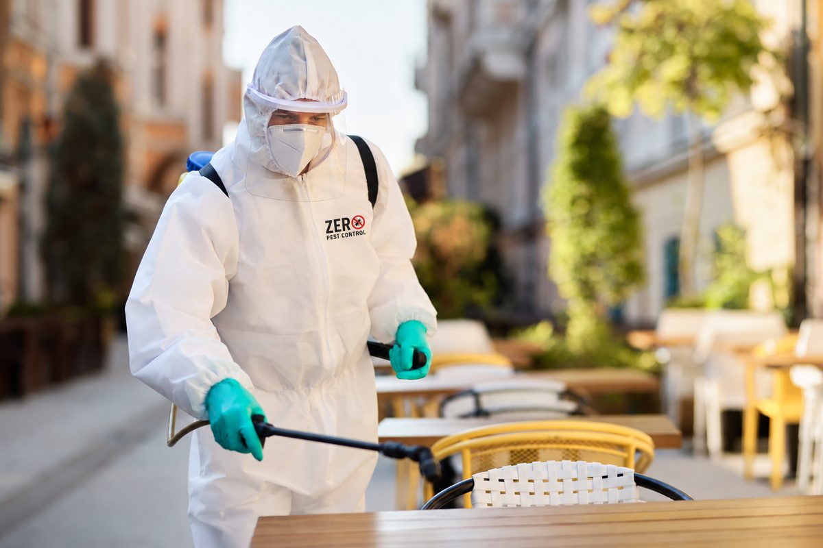 Zero Pest Control technician spraying a restaurant's outdoor patio