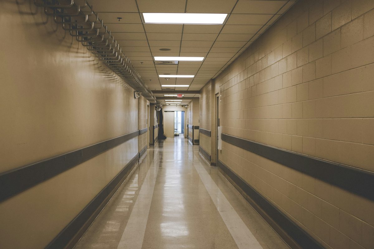 Long hallway in a school or healthcare facility