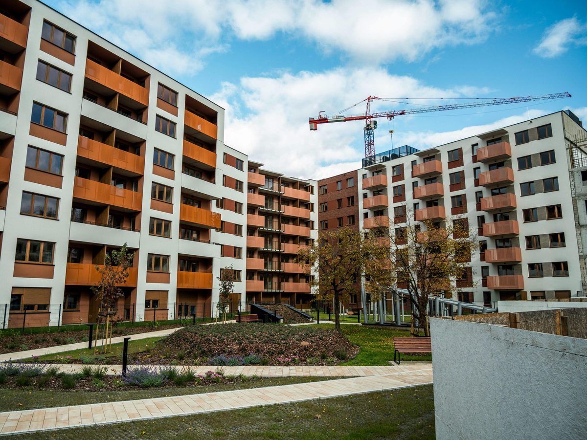 Modern apartment buildings with a shared courtyard