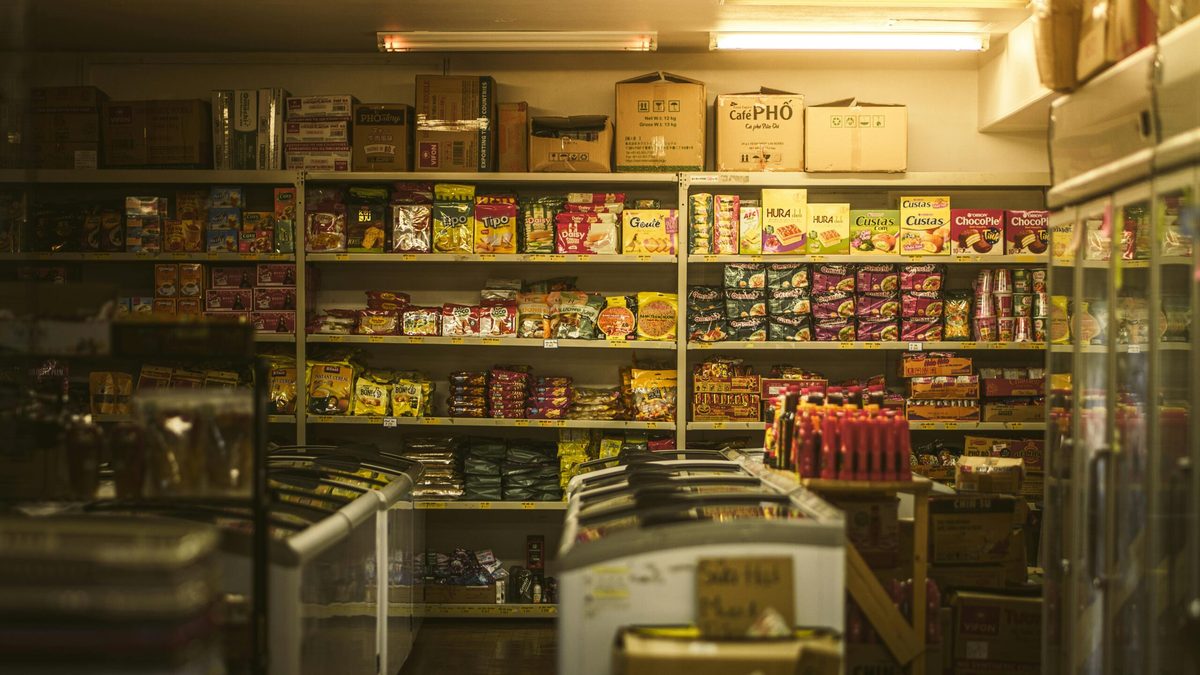 Stocked shelves in a food store