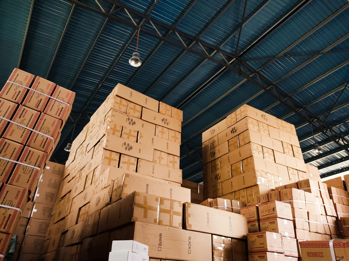 Stacked boxes of inventory in a warehouse